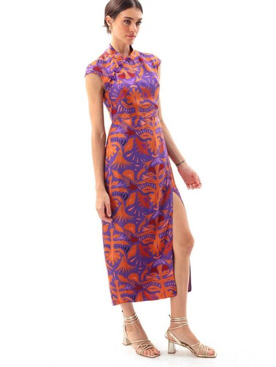 MOVOM Dresses & Skirts - Movom Maxi Cheongsam Dress Mauve Orange Print Open Back XS/S